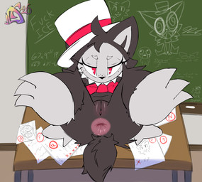 3_toes anthro anus black_body black_fur bow_tie chalk chalkboard classroom clothing feet female fur furniture genitals hat headgear headwear looking_at_viewer lying on_table pink_anus red_eyes school solo table teeth toes top_hat vulva young young_anthro young_female vytelux 67_(meme) boy_kisser_(meme) the_binding_of_isaac_(series) labubu 2026 hi_res meme