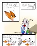 2017 4:5 a-wh-b adolescent anthro backpack canid canine clothed clothing comic disney english_text exclamation_point female fox fur green_eyes heart_symbol judy_hopps lagomorph leporid male mammal nick_wilde purple_eyes question_mark rabbit red_fox school_uniform simple_background speech_bubble text true_fox uniform white_background young zootopia