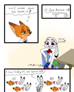adolescent anthro backpack clothed clothing exclamation_point female fur green_eyes heart_symbol male purple_eyes question_mark school_uniform simple_background speech_bubble text uniform white_background young a-wh-b disney zootopia judy_hopps nick_wilde canid canine fox lagomorph leporid mammal rabbit red_fox true_fox 2017 4:5 comic english_text