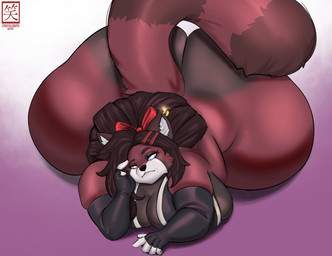 anthro big_breasts big_butt biped bottomless breasts butt clothed clothing eyelashes female fur huge_butt lying markings mouth_closed multicolored_body obese obese_anthro obese_female on_front overweight overweight_anthro overweight_female pupils red_body simple_background solo striped_markings striped_tail stripes tail tail_markings wide_hips aomaarts ailurid mammal red_panda hi_res