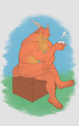 anthro container crossed_legs cup ear_piercing ear_ring eyes_closed fangs freckles grey_horn grin holding_container holding_cup holding_mug holding_object horn male male_anthro mug muscular muscular_anthro muscular_male nude orange_body piercing ring_piercing sitting smile solo teeth yellow_body aduran mythology dragon mythological_creature mythological_scalie scalie absurd_res colored_sketch hi_res sketch