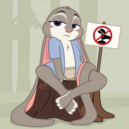 3_toes anthro barefoot blush chest_tuft clothed clothing feet female fur glaring_at_viewer grey_body grey_clothing grey_fur grey_underwear long_ears multicolored_body multicolored_fur no_bra panties partially_clothed paws purple_eyes sign sitting sitting_on_stump solo stretched_ears stump toes tuft two_tone_body two_tone_fur underwear white_body white_fur dm29 disney zootopia judy_hopps lagomorph leporid mammal rabbit 1:1