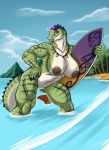 amber_eyes anthro areola beach big_breasts breasts casual_nudity claws detailed_background eyewear eyewear_on_head eyewear_only female green_body green_scales holding_object holding_surfboard jewelry jewelry_only lips looking_at_viewer muscular muscular_anthro muscular_female necklace necklace_only nipple_piercing nipples non-mammal_breasts non-mammal_nipples nude nude_beach outdoor_nudity outside piercing plant sand scales seaside skinny_dipping sky smile solo stripes sunglasses sunglasses_on_head sunglasses_only surfboard tail thick_thighs tree vehicle water watercraft wide_hips lordstevie kanoa dinosaur prehistoric_species reptile scalie