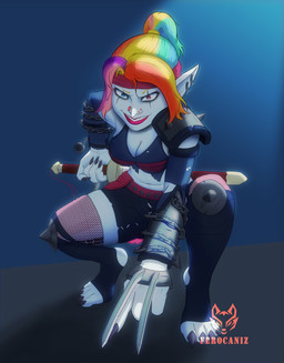 armor big_breasts bottomwear bound breasts chain chained clothing female gauntlets gloves handwear melee_weapon ninja shorts solo sword topwear warrior weapon white_body ferocaniz blizzard_entertainment warcraft goblin humanoid absurd_res hi_res