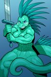 5_fingers abs angry anthro biceps big_breasts blue_background blue_eyes breasts clenched_teeth convenient_censorship female fighting_pose fingers green_body green_scales holding_melee_weapon holding_object holding_sword holding_weapon melee_weapon muscular muscular_female narrowed_eyebrows navel non-mammal_breasts non-mammal_navel nude pose quads scales serratus simple_background solo spines sword tail tail_censorship teeth weapon wide_stance ceehaz chronicles_of_adala adala_(agustocreates) lizard reptile scalie 2024 hi_res