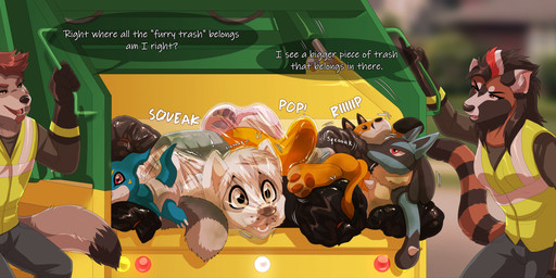 anthro bag clothed clothing dialogue diaper ear_piercing female fully_clothed fursuit_head garbage_truck heavy_truck looking_at_another male open_mouth outside piercing plushie speech_bubble tail talking_to_another text trash_bag truck vehicle lawkie nintendo pokemon lawkie_(character) canid canine generation_4_pokemon lucario mammal pokemon_(species) english_text hi_res