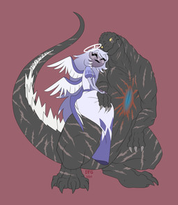 6_wings back_spikes bangs black_body black_scales blue_body blue_eyes blue_feathers blue_hair blue_pupils cat_smile chest_scar claws clothed clothing crossover_ship dark_body dark_skin digitigrade dress duo eye_scar eyelashes eyes_closed facial_scar feathered_wings feathers female freckled_face freckles frown grumpy hair halo hand_on_hand hand_on_lap happy_smile interspecies larger_male long_hair long_tail male male/female multi_wing nuzzling on_lap pupils scales scar scars_all_over sharp_teeth simple_background sitting_on_lap size_difference smile spikes spikes_(anatomy) tail teeth thick_thighs toe_claws wings yellow_eyes dragonfoxgirl godzilla_(series) hazbin_hotel hellaverse toho emily_(hazbin_hotel) godzilla angel humanoid kaiju monster reptile scalie seraph_(angel) absurd_res crossover hi_res