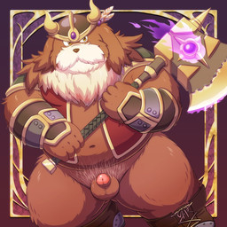 anthro armor axe balls brown_body brown_fur fur genitals headgear helmet male melee_weapon overweight overweight_anthro overweight_male penis solo weapon lako canid canine canis domestic_dog mammal 1:1 2016 hi_res