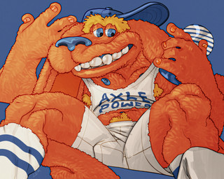 anthro armpit_hair baseball_cap blue_eyes blue_nipples blue_nose body_hair bottomwear bulge clothing eyebrows footwear fuzzy hat headgear headwear large_teeth long_ears male mascot nipples pubes raised_hands shirt shorts simple_background sitting smile socks solo tank_top topwear unibrow ravuer slush_puppie tenga canid canine canis domestic_dog mammal hi_res