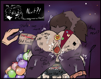 abuse ace_of_spades anal anal_penetration anthro anus belt big_butt black_marker blush bodily_fluids body_writing bukkake butt butt_focus buttplug clothing colored_condom condom cum cum_in_vagina cum_inflation cum_inside cum_on_body cum_on_butt cum_on_leg dialogue dialogue_box duo ejaculation female female_penetrated filled_condom fluffy fluffy_tail free_use fur genital_fluids genitals group group_sex hair heart_symbol inflation inside_trash_can male male/female male_penetrating male_penetrating_female marker musk nude object_in_ass open_mouth panties penetration penis plug_(sex_toy) public public_nudity public_sex public_use sex sex_toy sex_toy_in_ass sex_toy_insertion sexual_barrier_device simple_background slut_print spade_tattoo steam submissive submissive_anthro submissive_female sweat tail tally_marks text trapped trash_can underwear wearing_condom dannycris121 daniela_(dannycris121) mammal procyonid raccoon comic digital_media_(artwork) english_text hi_res