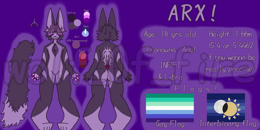 ambiguous_gender anthro lgbt_pride solo arx_owo arx canid canine domestic_cat felid feline felis fennec_fox fox hybrid mammal true_fox 2:1 hi_res model_sheet watermark