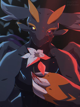 ambiguous_gender anthro black_arms black_body black_ears black_face black_sclera black_skin black_wings blood blood_on_face blood_on_hand blue_markings bodily_fluids claws crying eyebrows flower holding_object horn looking_at_viewer markings orange_eyebrows orange_hands orange_horn petals plant purple_eyes red_lighting shadow solo tears text white_flower wings yellow_eyes refl3ctron doratama mythology illusia_(doratama) dragon mythological_creature mythological_scalie scalie young_plague_dragon_(doratama) 2026 absurd_res digital_drawing_(artwork) digital_media_(artwork) english_text hi_res signature male_(lore)