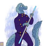 anthro blue_body blue_feathers clothed clothing feathers male minion_uniform purple_clothing scuted_hands scutes solo tail teeth uniform foxenawolf isla_aukate dinosaur dromaeosaurid prehistoric_species reptile scalie theropod velociraptor 1:1