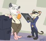 anthro business clothing duo formal male necktie office overalls slacks tablet text animancer disney zootopia dale travis_(zootopia) american_opossum black-footed_ferret mammal marsupial mustelid musteline true_musteline weasel english_text