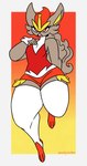 anthro bottomwear breasts clothing digitigrade female fur grey_body grey_fur grey_hair hair leggings legwear long_ears orange_body orange_bottomwear orange_clothing orange_fur orange_shorts ponytail red_eyes red_jersey shorts solo thick_thighs white_clothing white_leggings white_legwear wide_hips yellow_body yellow_fur nerdyreindeer nintendo pokemon cinderace generation_8_pokemon lagomorph leporid mammal pokemon_(species) rabbit shiny_pokemon hi_res