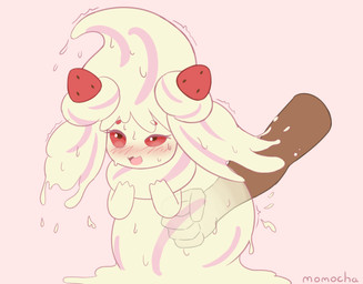 ahegao ambiguous_gender ambiguous_penetration blush dessert disembodied_hand duo female female/ambiguous female_focus fisting food food_hair fruit internal looking_pleasured penetration plant pseudo_hair red_eyes strawberry momocha nintendo pokemon alcremie food_creature generation_8_pokemon pokemon_(species) strawberry_sweet_alcremie vanilla_cream_alcremie 2019