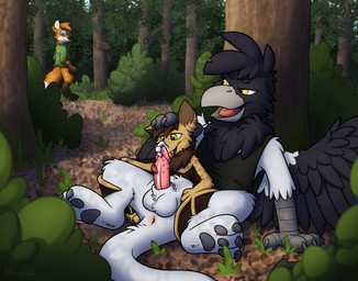 amazing_background animal_genitalia animal_penis anthro anus balls black_clothing blush bodily_fluids bottomless bottomless_male brown_body brown_fur brown_hair brown_wings claws clothed clothing depth_of_field detailed_background eyewear fangs feathered_wings feathers feline_genitalia feline_penis finger_claws forest fur genital_fluids genital_piercing genitals glasses green_eyes grey_body group hair half-closed_eyes hand_on_head hiding leaves_on_ground long_tail long_tongue looking_at_another looking_at_genitalia looking_at_penis male male/male markings membrane_(anatomy) membranous_wings narrowed_eyes orange_body orange_fur pawpads penile_spines penis penis_piercing piercing plant precum prince_albert_piercing public public_sex semi-anthro sex shirt shrub sign sitting sitting_on_ground size_difference smug spots spotted_body spotted_ears spotted_face spotted_fur tail talon_hands tank_top teeth three-quarter_view toe_claws tongue toony topwear tree trio walk-in wings wood wood_sign yellow_eyes moemneop mythology lucek_(liseklucek) neop_(moemneop) skraww_(moemneop) avian bat canid canine flying_fox fox gryphon mammal megabat mythological_avian mythological_creature 2026 absurd_res detailed digital_drawing_(artwork) digital_media_(artwork) hi_res shaded signature