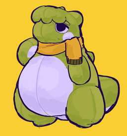 ambiguous_gender anthro back_spikes belly big_eyes big_pupils cheek_spots circle_eyebrows countershade_torso countershading eyebrows frown green_body half-closed_eyes hand_on_chin narrowed_eyes overweight overweight_ambiguous overweight_anthro plushie pseudo_hair pupils scarf seam_(sewing) short_ears simple_background solo spikes spikes_(anatomy) standing tail thick_tail thick_thighs thinking three-quarter_view tired_eyes white_belly wide_hips yellow_background yellow_scarf serafphim nintendo pokemon charlie_(serafphim) substitute_doll animate_inanimate living_plushie 2025 full-length_portrait hi_res portrait shaded soft_shading male_(lore)