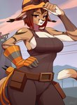 anthro armor clothing countershading eyewear female glasses gloves hair handwear headgear helmet machine mountain red_eyes red_hair solo tattoo turret kinuli team_fortress_2 valve ashley_(mutagen) engineer_(team_fortress_2) caracal caracal_(genus) felid feline mammal absurd_res hi_res