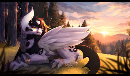 ambiguous_gender claws cloud feet feral front_view fur horn lying mountain on_front outside plant sky smile solo sun tail toes tree wings yin_yang_symbolism bloominglynx nintendo pokemon generation_6_pokemon mega_absol mega_evolution pokemon_(species) 2025 absurd_res digital_drawing_(artwork) digital_media_(artwork) hi_res
