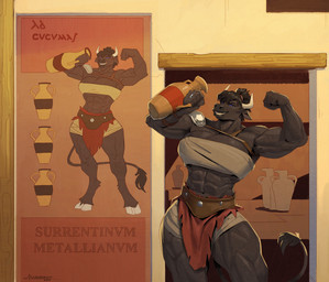 5_fingers abs anthro armor big_breasts black_body black_fur black_hair bottomwear breasts chest_wraps clothed clothed_anthro clothed_female clothing female fingers flexing fur grin hair hooves horn humanoid_hands loincloth muscular muscular_anthro muscular_female pauldron smile solo teeth text wraps mainlinemojo european_mythology greek_mythology mythology eleutheria_avarta bovid bovine mammal minotaur absurd_res digital_drawing_(artwork) digital_media_(artwork) hi_res shaded translation_request