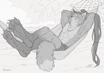 4_toes anthro beach clothed clothing day detailed_background eyes_closed feet fur hair hammock male outside sand seaside shoreline sky smile solo toes topless water alsares canid canine fox mammal 2023 digital_media_(artwork)