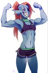 athletic athletic_female athletic_humanoid bottomwear bra clothing eye_patch eyewear female fin flat_chested flexing grin hair navel one_eye_closed ponytail red_hair sharp_teeth shorts smile solo sports_bra teeth underwear ground-lion undertale_(series) undyne animal_humanoid fish fish_humanoid humanoid marine marine_humanoid