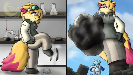 3_toes anthro beaker black_body black_claws black_fur black_pawpads blue_body blue_fur blue_hair blue_sky bodily_fluids bottomwear claws clothed clothed_anthro clothed_female clothing cloud dipstick_tail eyewear eyewear_on_head feet female female_anthro flask foot_focus fully_clothed fully_clothed_anthro fully_clothed_female fur glasses goggles goggles_on_head grey_bottomwear grey_clothing grey_pants grey_shirt grey_topwear hair inner_ear_fluff laboratory laboratory_equipment laboratory_glassware looming looming_foot looming_over markings micro miniature nano nude nude_anthro pants pawpads paws petri_dish rectangular_glasses red_eyes red_inner_ear_fluff red_nose red_tail_tip scientific_instrument shirt sky solo sweat sweaty_paws tail tail_markings tan_body tan_ears tan_fur toes topwear tuft white_clothing white_shirt white_topwear yellow_body yellow_fur sleepy_moonlight nintendo pokemon anonymous_character wicke_(wyldfyrteam) braixen eeveelution generation_4_pokemon generation_6_pokemon glaceon pokemon_(species) hi_res