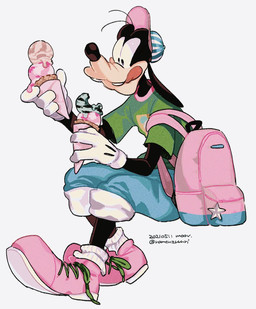 anthro backpack black_eyes black_nose bottomwear clothed clothing dessert eating food footwear happy hat headgear headwear holding_object ice_cream licking licking_lips male pants shirt shoes simple_background sitting smile socks solo tongue tongue_out topwear white_background ramenzururi disney goofy_(disney) canid canine canis domestic_dog mammal hi_res