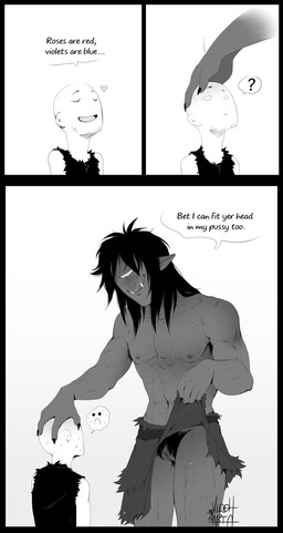 1_eye andromorph duo genitals hairy_vulva head_grab humanoid_pointy_ears humor intersex male not_furry pointy_ears pubes scar smile text vulva viddharta-joshua ohmai_dhaar-ling cyclops humanoid orc english_text hi_res monochrome