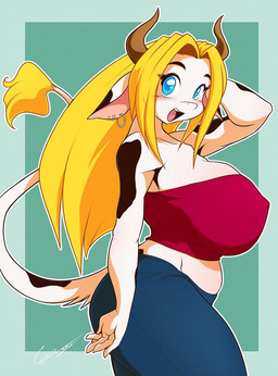 anthro big_breasts blonde_hair blue_eyes blush bottomwear breasts clothed clothing curvy_figure ear_piercing female hair huge_breasts lindsaypl long_hair looking_at_viewer nipple_outline open_mouth overweight overweight_anthro overweight_female pants piercing shirt slightly_chubby solo spots tail thick_thighs topwear tube_top wide_hips year chalo bovid bovine cattle dairy_cattle holstein_friesian_cattle mammal 2010 signature