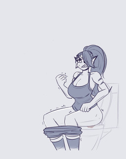 anthro bodily_fluids bottomwear bottomwear_down breasts clothed clothing constipation feces female fist gills hair pants pants_down partially_clothed pooping pooping_in_toilet sharp_teeth sleeveless_shirt solo sweat sweatdrop teeth toilet toilet_seat toilet_use kanaii undertale_(series) undyne animal_humanoid aquatic aquatic_humanoid fish fish_humanoid humanoid monster monochrome