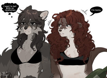 5_fingers anthro biped bra braces breasts brown_body brown_fur brown_hair brown_tail clothed clothed_anthro clothed_female clothing countershade_fur countershade_torso countershading duo facial_piercing female fingers front_view fur grey_body grey_fur grey_hair grey_tail hair holding_object lip_piercing piercing simple_background snakebite_piercing tail underwear white_background raccoattack angel_(raccoattack) racc_(raccoattack) mammal mustelid otter procyonid raccoon 2025 digital_drawing_(artwork) digital_media_(artwork) hi_res