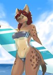 anthro breasts brown_body brown_fur clothing cloud day dipstick_tail female female_anthro fur hair holding_object kemono looking_at_viewer markings multicolored_body multicolored_fur multicolored_tail navel one-piece_swimsuit outside red_hair sea sky solo spots spotted_body spotted_fur surfboard swimwear tail tail_markings tan_body tan_fur text translucent translucent_clothing translucent_swimwear under_boob water yellow_eyes treyer gris_swimsuit meme_clothing hyena mammal spotted_hyena 2022 absurd_res alternate_version_at_source digital_media_(artwork) hi_res meme portrait signature three-quarter_portrait