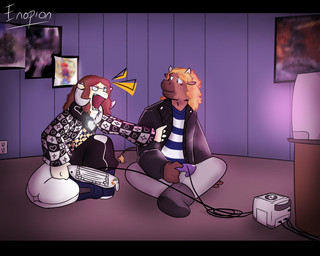 angry anthro black_bars clothing controller duo electronics eyewear freckles game_controller gamecube_controller gaming glasses hair horn jacket long_hair male nintendo_controller pattern_clothing playing_video_game poster sitting tail television topwear yelling enopion gamecube nintendo clay_(clay_bat) enopion_(enopion) bovid bovine caprine mammal 5:4 hi_res letterbox
