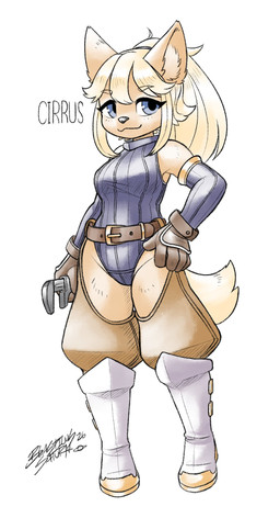 anthro armwear bangs belt blue_eyes boots bottomwear breasts chaps clothed clothing female footwear fur gloves hair handwear legwear leotard looking_at_viewer ponytail shoes simple_background smile solo tail text topwear blasticussaturn cirrus_(blasticussaturn) canid canine canis domestic_dog mammal 2026 digital_media_(artwork) english_text hi_res signature