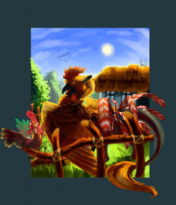 ambiguous_gender beak black_beak brown_body brown_feathers day duo feathered_wings feathers grass open_mouth outside plant sky sun tongue wings yellow_beak yellow_eyes ulitochka european_mythology mythology avian bird chicken cockatrice galliform mythological_avian mythological_creature mythological_scalie phasianid scalie digital_media_(artwork) hi_res shaded