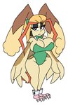 alternate_species anthro avian big_breasts black_eyes blonde_hair bow_(feature) breasts brown_body bunny_costume clothed clothing costume eyeshadow fake_ears feet female frown generation_1_pokemon generation_4_pokemon green_clothing hair half-closed_eyes hi_res humanoid_face hybrid looking_at_viewer lopunny makeup mammal narrowed_eyes nintendo pidgeot pokemon pokemon_(species) pokemorph praiz simple_background solo talons toes white_background winged_arms wings