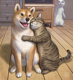 3_toes 4_toes affectionate ambiguous/ambiguous ambiguous_feral ambiguous_gender being_watched blue_eyes brown_eyes claws cute_fangs daww drawer duo_focus fangs feet feral floor fur furniture group hug inside looking_at_another love markings nuzzling on_hind_legs one_eye_closed open_mouth open_smile orange_body orange_fur pink_tongue quadruped realistic sitting size_difference smile striped_body striped_fur striped_markings striped_tail stripes surprised tail tail_markings teeth toes tongue tongue_out trio whiskers white_body white_fur wide_eyed wood wood_floor yellow_eyes matataku background_character white_cat_(taku) canid canine canis domestic_cat domestic_dog felid feline felis mammal shiba_inu spitz tabby_cat 2026 hi_res signature