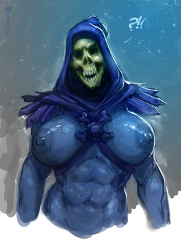 abs big_breasts blue_nipples bone breasts crossgender female interrobang looking_at_viewer mtf_crossgender muscular muscular_female muscular_humanoid nipples not_furry nude skeleton skull skull_head solo neurodyne masters_of_the_universe mattel skeletor humanoid undead 2020 3:4 signature
