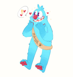 anthro blue_body blue_fur blue_hair blush exclamation_point footprint fur hair hand_on_face happy heart_symbol looking_at_another male pawpads pawprint pose purple_eyes red_nose red_pawpads sash simple_background smile solo speech_bubble teeth text tongue white_background shaibey bugsnax young_horses filbo_fiddlepie grumpus 2022 digital_media_(artwork) english_text hi_res procreate_(artwork)