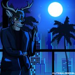 anthro antlers black_clothing black_shirt black_topwear bottomwear brown_body brown_fur brown_hair cigarette city cityscape clothed clothing detailed_background fur green_eyes hair holding_cigarette holding_object horn jacket light male male_anthro moon moonlight night outside palm_tree pants plant shirt sky snout solo star topwear tree literaldeerirl ilex_(literaldeerirl) deer mammal new_world_deer white-tailed_deer 1:1 2020 adobe_photoshop_(artwork) artist_name blue_theme cel_shading cool_colors digital_drawing_(artwork) digital_media_(artwork) hi_res shaded