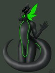 animal_genitalia anthro big_ears big_tail black_body femboy genital_slit genitals gesture glistening glistening_body glowing glowing_genitalia glowing_markings green_eyes horn latex looking_up male markings simple_background solo standing tail waving zaks mythology zaks_(character) dragon latex_creature living_latex luceiry mythological_creature mythological_scalie scalie 3:4 absurd_res hi_res shaded soft_shading