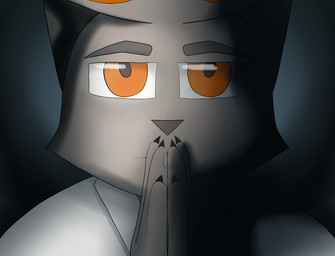 anthro clothing fur grey_body grey_fur male markings orange_eyes orange_markings parody pray praying shirt solo topwear white_clothing white_shirt white_topwear dinglethecat dingle_(dinglethecat) hi_res meme