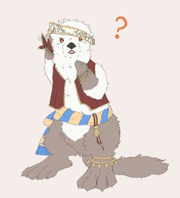 alternate_species ambiguous_gender anklet anthro bracelet brown_body brown_fur clothed clothing featureless_crotch feet feral fur furrification jewelry looking_at_viewer open_mouth orange_eyes question_mark semi-anthro simple_background solo standing tail toes tongue topwear vest white_body white_fur saketoba disney twisted-wonderland kalim_al-asim mammal mustelid musteline otter sea_otter 2020 hi_res male_(lore)