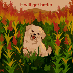 ambiguous_gender black_nose feral floppy_ears fur logo looking_at_viewer open_mouth open_smile outside plant red_text sitting smile solo tail tan_body tan_fur text whiskers swagvo1d canid canine canis domestic_dog mammal 1:1 2026 artist_logo english_text hi_res