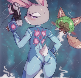 alternate_species anthro bad_trigger_discipline blue_eyes blush bodily_fluids buckteeth butt cosplay crossover_cosplay dipstick_ears dipstick_tail ear_markings female frown fur grey_body grey_fur gun half-closed_eyes hand_on_hip handgun holding_gun holding_handgun holding_object holding_pistol holding_ranged_weapon holding_weapon looking_at_viewer looking_back markings motion_lines multicolored_body multicolored_ears multicolored_fur narrowed_eyes pink_nose pistol purple_eyes ranged_weapon rear_view scut_tail short_tail solo standing sweat sweatdrop tail tail_markings teeth two_tone_body two_tone_fur weapon white_tail_tip zero_suit mcfli disney metroid nintendo zootopia judy_hopps nick_wilde alien european_rabbit lagomorph leporid mammal metroid_(species) oryctolagus rabbit 2022 absurd_res crossover hi_res