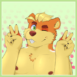 5_fingers anthro black_claws blonde_hair border brown_eyebrows brown_nipples brown_nose buckteeth chest_tuft claws eyebrows fingers food freckles fruit fur gesture glistening glistening_eyes green_border green_eyes hair hand_gesture male membrane_(anatomy) nipples nude one_eye_closed orange_body orange_fur pattern_background plant simple_background smile solo teeth tuft v_sign white_body white_fur yellow_body yellow_fur nebulaburr_(artist) aquatic felid feline fish flying_squirrel hybrid mammal pantherine rodent sciurid snow_leopard 1:1 hi_res