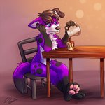 anthro beverage chair coffee coffee_mug container cup desk fur furniture male pawpads paws purple_body purple_fur sitting solo table tired tired_eyes tongue waywardmutt pawalo canid canine canis domestic_dog elkhound mammal spitz 1:1 hi_res