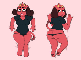 anthro big_breasts big_butt black_clothing black_eyes black_panties black_shirt black_topwear black_underwear bodily_fluids breasts brown_body brown_fur butt clothing dakimakura dipstick_ears dipstick_tail ear_markings eyelashes eyewear fangs female front_view fur glasses head_tuft horn looking_at_viewer looking_back markings multicolored_ears open_mouth panties pawpads pink_background pink_body pink_fur rear_view rectangular_glasses shirt simple_background skindentation solo sweat sweatdrop tail tail_markings teeth thick_thighs tired topwear tuft underwear wide_hips yellow_horn demonicdisaster mythology dem_(demonicdisaster) canid canid_demon canine canis demon domestic_dog hellhound mammal mythological_canine mythological_creature 4:3 dakimakura_design hi_res